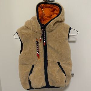 Kids Unisex Fleece Down Vest with Hood in Tan with Orange Lining. Size 8.